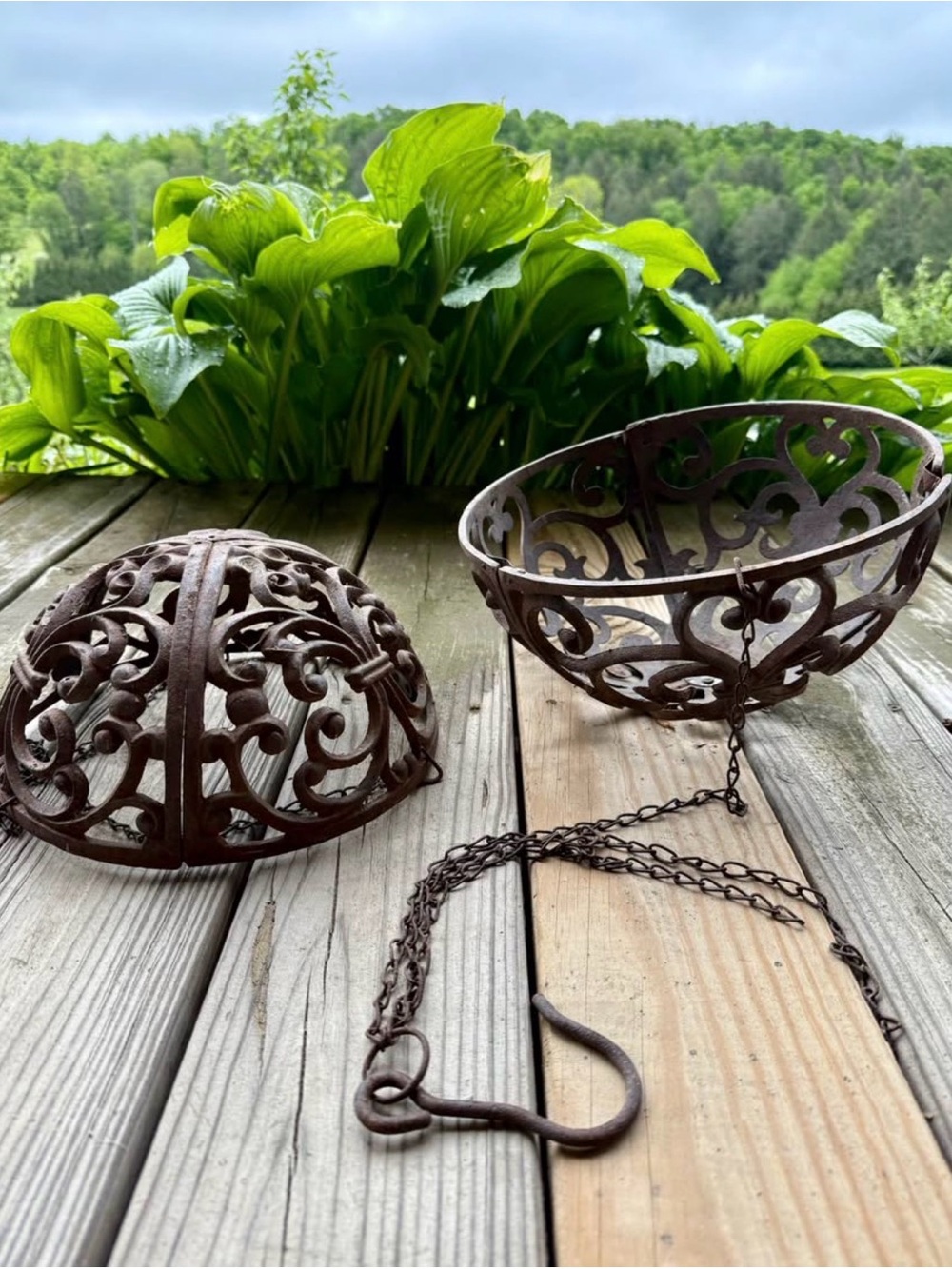 Cast Iron Hanging Planter Pair in Rustic Brown